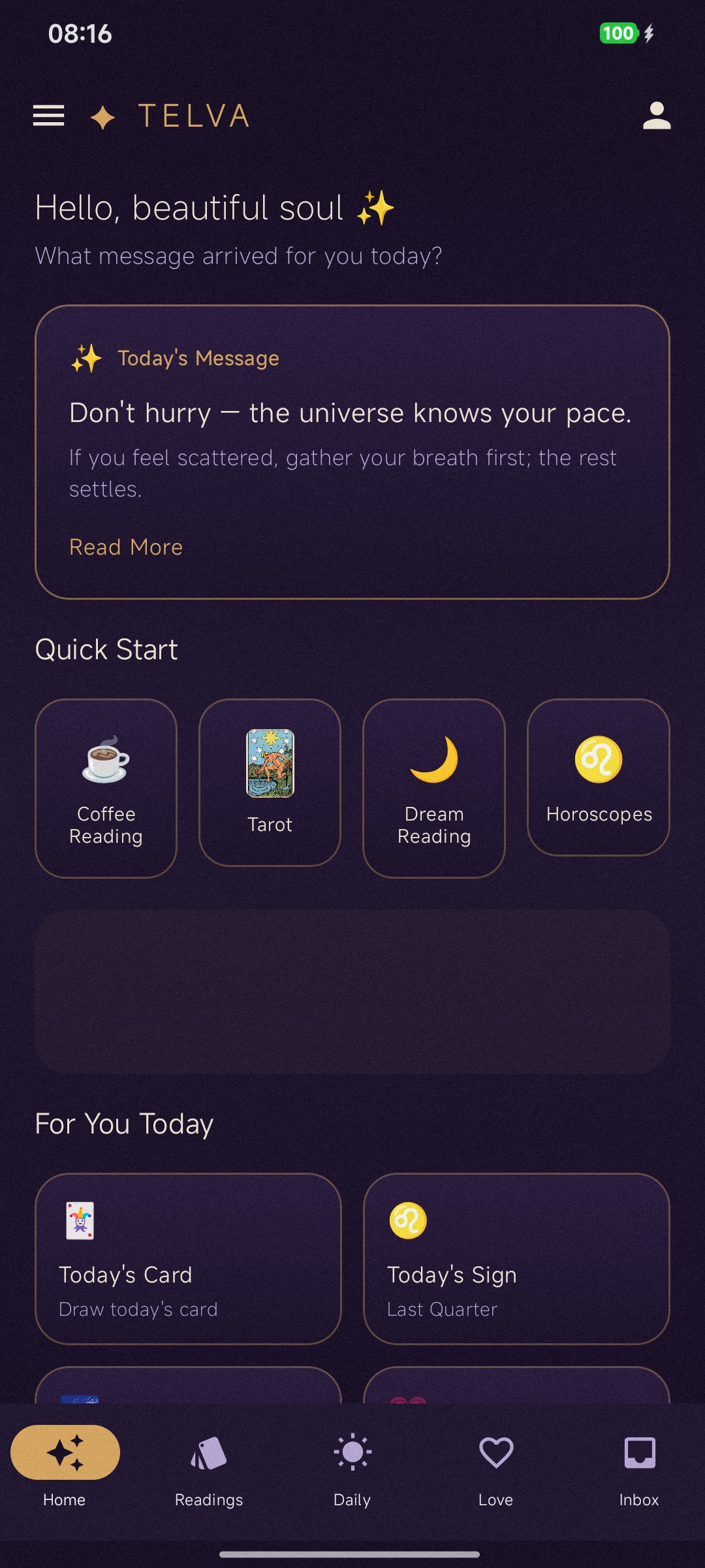 Telva app home screen with AI reading shortcuts