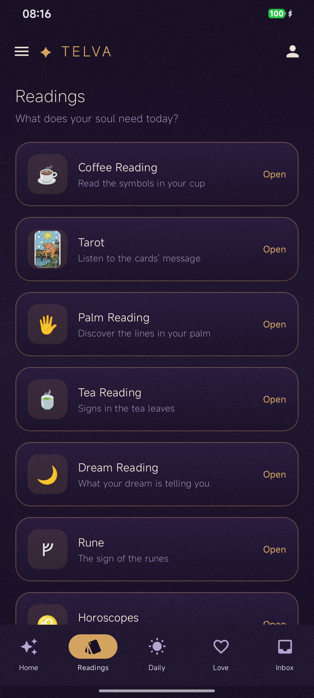 Telva readings screen listing coffee, tarot, palm, tea, dream and rune readings