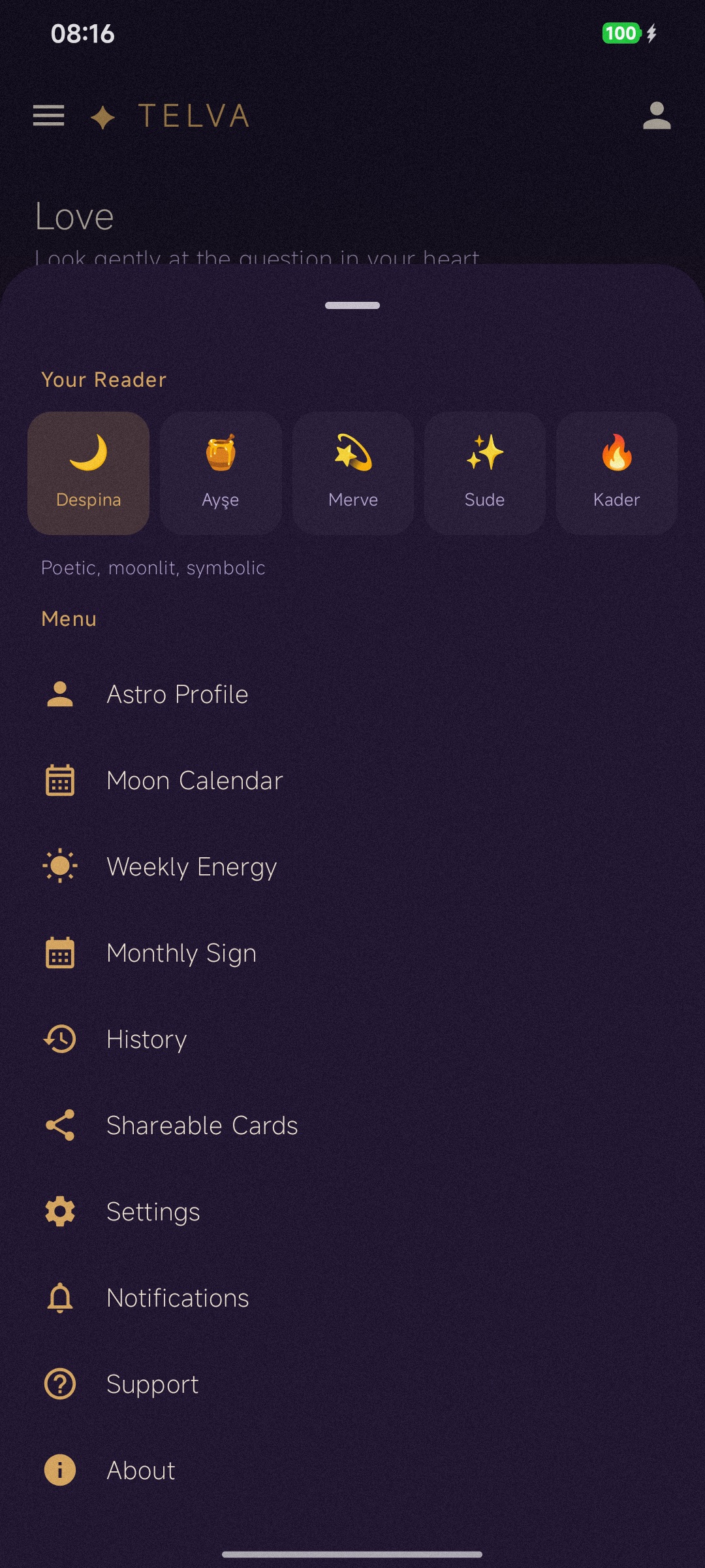 Telva menu screen