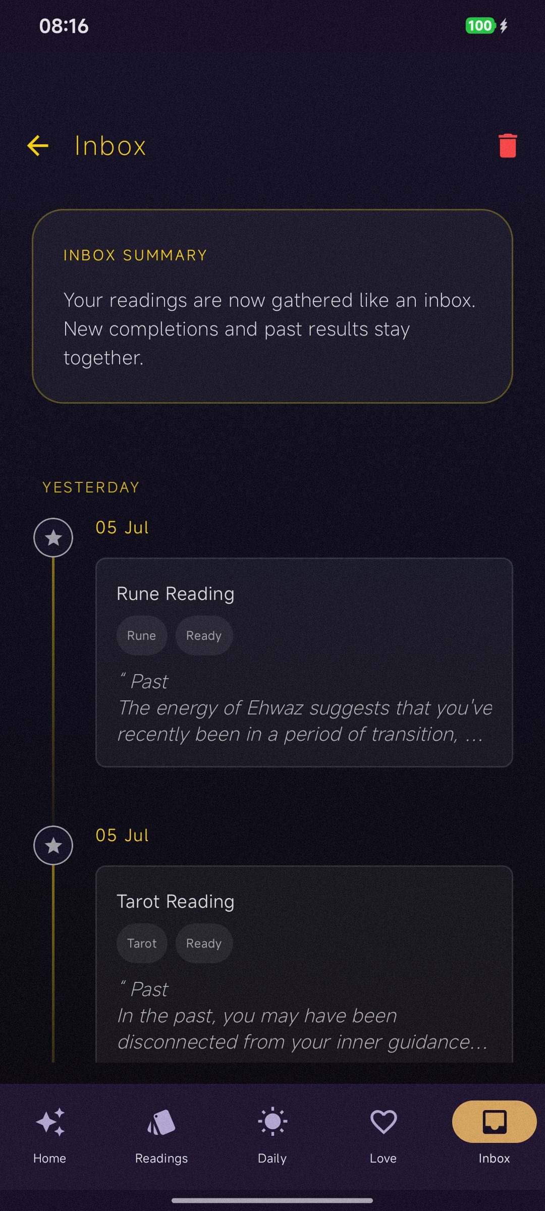 Telva inbox screen collecting completed readings